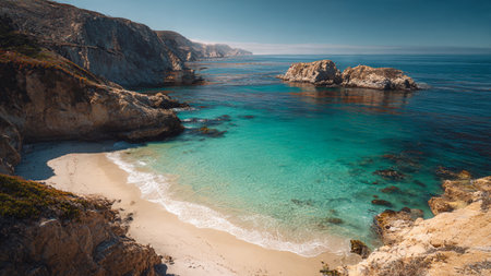 Beautiful beach with turquoise water and cliffs.の写真素材