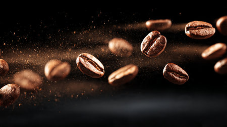 Coffee beans flying on a black background with copy space.の写真素材