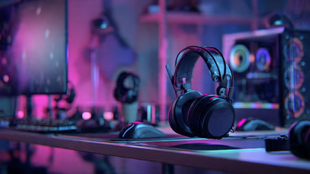 Headphones on the table in the recording studio. Nightlife conceptの写真素材