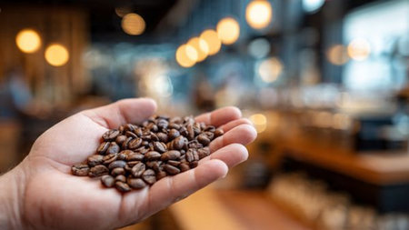 Coffee beans in hand on a blurred background of a cafeの写真素材