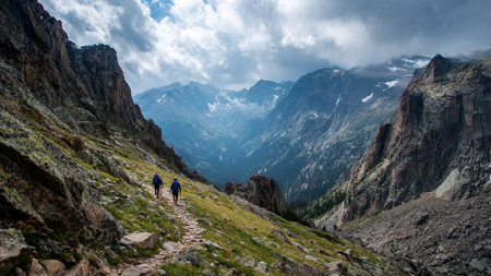 Hikers on the trail in Dolomites mountains, Italy.の写真素材