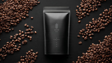 Coffee package design on a black background with coffee beans.の写真素材