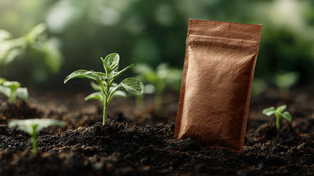 Green seedling growing out of paper bag on soil, closeupの写真素材