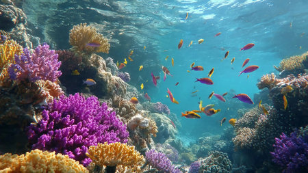Underwater view of tropical coral reef with fishes and corals.の写真素材