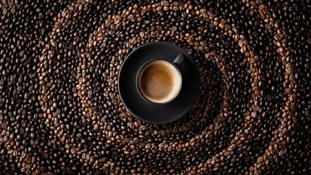 Coffee cup and coffee beans on a dark background, top viewの写真素材