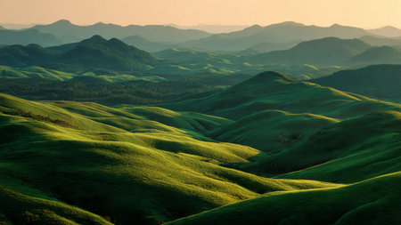 Beautiful landscape with green hills at sunset in the mountainsの写真素材