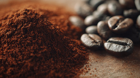 Coffee beans and ground coffee on a wooden background. Selective focus.の写真素材