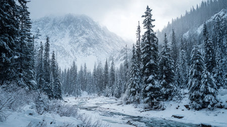 Beautiful winter landscape with snowy fir trees and river in the mountainsの写真素材
