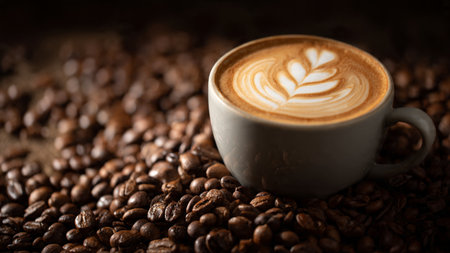Coffee cup with latte art on coffee beans background.の写真素材