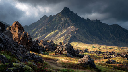 Dramatic mountain landscape with dramatic sky. Iceland, Europe. Beauty world.の写真素材