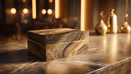 Wooden box on a table in a cafe. Mockup for designの写真素材