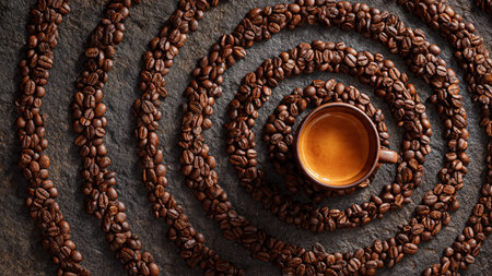 Cup of coffee with coffee beans on stone background, top viewの写真素材