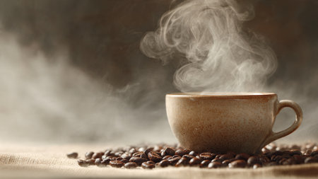 Coffee cup and coffee beans on sackcloth with smoke backgroundの写真素材