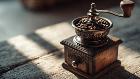 Coffee grinder with coffee beans on a wooden table.の写真素材