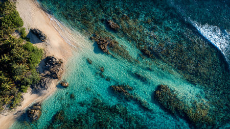 Aerial view of beautiful tropical beach with turquoise water and sandの写真素材