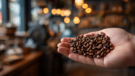 Coffee beans in hand on the background of a coffee shopの写真素材