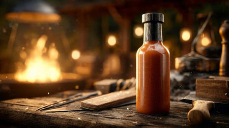 Ketchup in a bottle on a wooden table.の写真素材