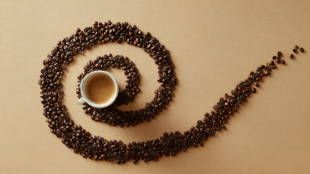 Coffee beans and a cup of coffee on a beige backgroundの写真素材