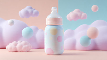 Baby bottle with milk and clouds on pastel pink and blue backgroundの写真素材