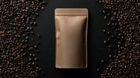 Coffee beans and a coffee bag on a black background.の写真素材