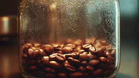 Coffee beans in glass jar on blurred background, closeupの写真素材