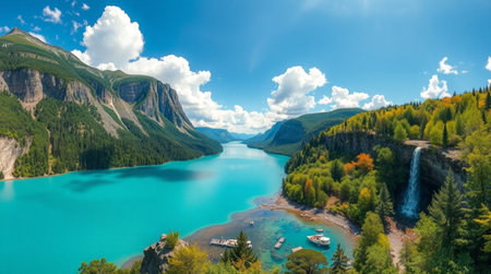 Panoramic view of beautiful turquoise lake and mountains in autumn.の写真素材