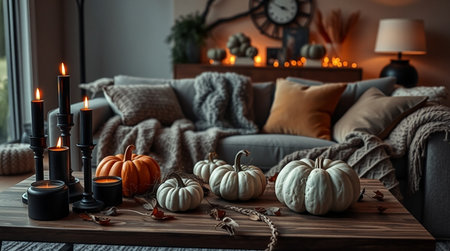 Cozy living room with pumpkins, candles and plaidsの写真素材
