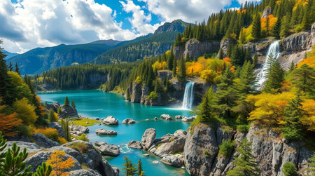 Autumn alpine landscape with colorful lake and waterfall in mountains.の写真素材