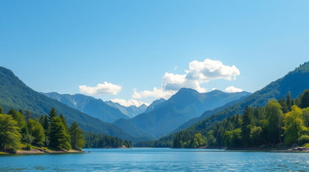 Panoramic view of the alpine lake in the mountains.の写真素材