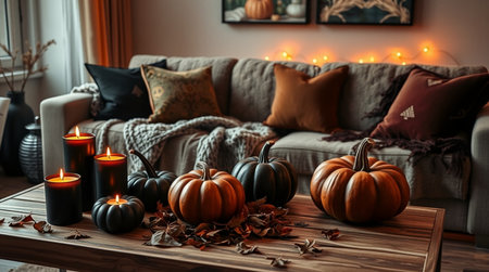 Beautiful composition with burning candles and pumpkins on table in living roomの写真素材
