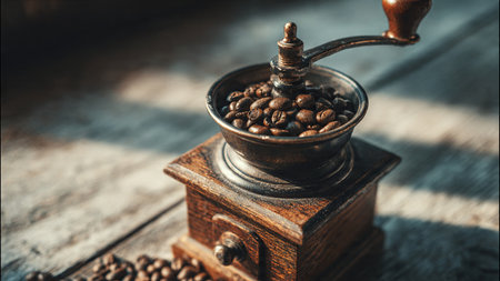 Coffee grinder with coffee beans on a wooden table.の写真素材