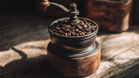 Vintage coffee grinder with coffee beans on wooden background, selective focusの写真素材