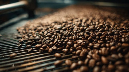 Roasted coffee beans on a barbeque grill in a restaurantの写真素材