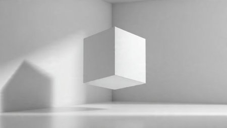 3d rendering of white cube with shadow on the wall in empty roomの写真素材