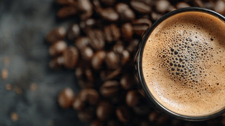 Cup of coffee on dark background, top view. Space for textの写真素材