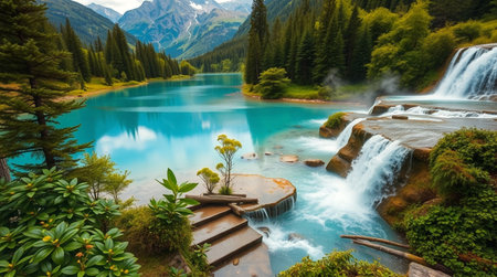Waterfall in the Swiss Alps. Switzerland, Europe. Panoramic viewの写真素材