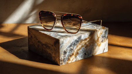 Pair of Sunglasses on a marble slab in the sunlight.の写真素材