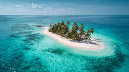 Aerial view of a tropical island with palm trees and a sandy beachの写真素材