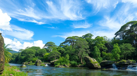 Panoramic view of the river flowing through the lush green forestの写真素材