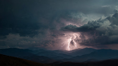 Lightning strike in the mountains. Thunderstorm over the mountains.の写真素材