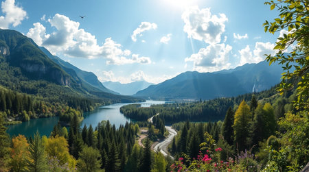 A panoramic view of the alpine lake in the Alpsの写真素材