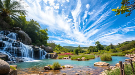 Beautiful waterfall in the tropical forest with blue sky and white cloudsの写真素材