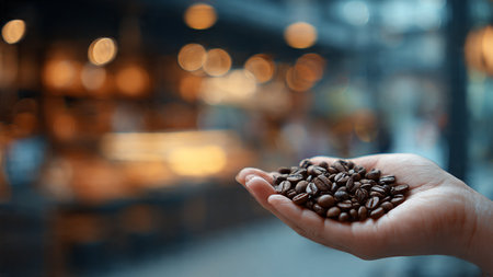 Coffee beans in hand on bokeh light background.の写真素材