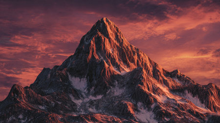 Mountain landscape with snow-capped peaks at sunset. 3d renderの写真素材