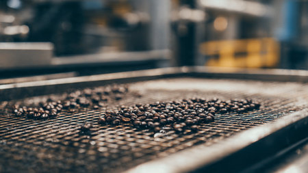 Coffee beans on the conveyor belt in a coffee factoryの写真素材