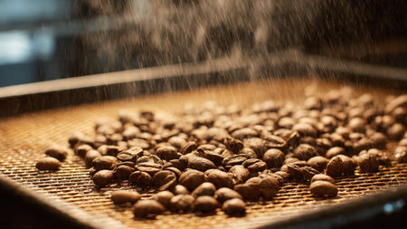 Roasted coffee beans on a conveyor belt in a coffee factoryの写真素材