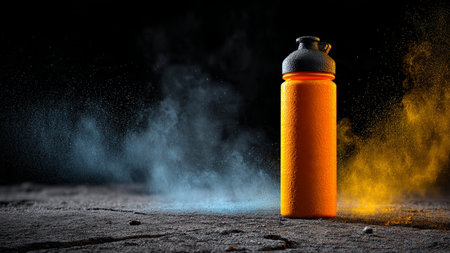 Bottle with yellow paint on dark background with smoke. Mixed mediaの写真素材