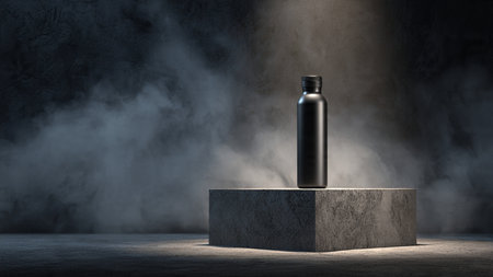 Mockup of black cosmetic bottle on concrete pedestal in dark room with smoke. 3D renderingの写真素材