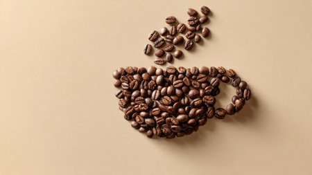 Coffee beans in shape of cup on beige background, top viewの写真素材