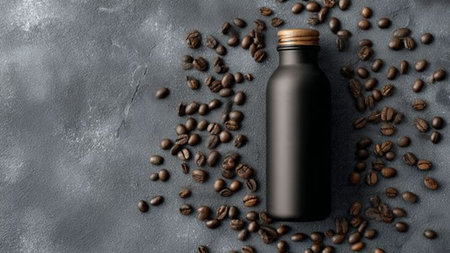 Mockup of black cosmetic bottle with coffee beans on dark backgroundの写真素材